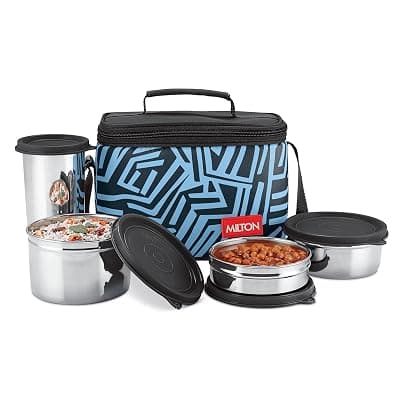 MILTON Delicious Lunch Box with Insulated Fabric Jacket, 3 Stainless Steel Containers 210 ml, 340 ml, 500 ml &amp;Tumbler 380 ml, Leak-Proof Tiffin for Office, College, Picnic, Black