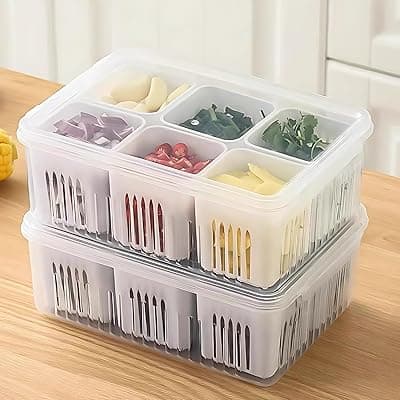 HomeWiz Kitchen Pack of 2 Fridge Storage Containers, Kitchen Storage Box, 6-Grid Fridge Organizer with Removable Drain Plate &amp; Secure-Sealing Lids, Storage Boxes for Fruits, Vegetables
