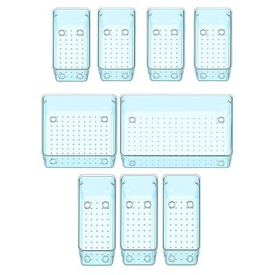 Sulfar 9pcs Bathroom Drawer Tray Dividers Plastic Vanity Organizers Storage Bins For Makeup Dresser Tray (4M+3L+1B+1XL) Blue
