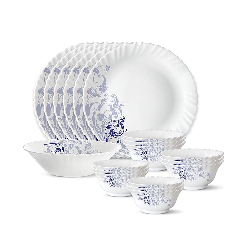 Larah by Borosil Silk Series Opalware Dinner Set | 19 Pieces for Family of 6 | Microwave & Dishwasher Safe | Bone-Ash Free | Crockery Set for Dining & Gifting | Plates & Bowls (Blue Eve)