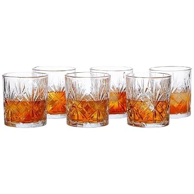 Amazon Basics Whiskey Glass Set of 6 (320ml Each) | Stylish Timeless Design | Versatile for Various Spirits | Durable Glass Cocktail Tumbler | Comfortable Grip | Dishwasher Safe