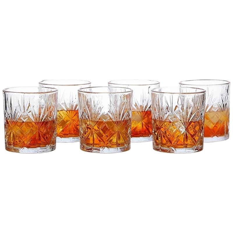 Amazon Basics Whiskey Glass Set of 6 (320ml Each) | Stylish Timeless Design | Versatile for Various Spirits | Durable Glass Cocktail Tumbler | Comfortable Grip | Dishwasher Safe