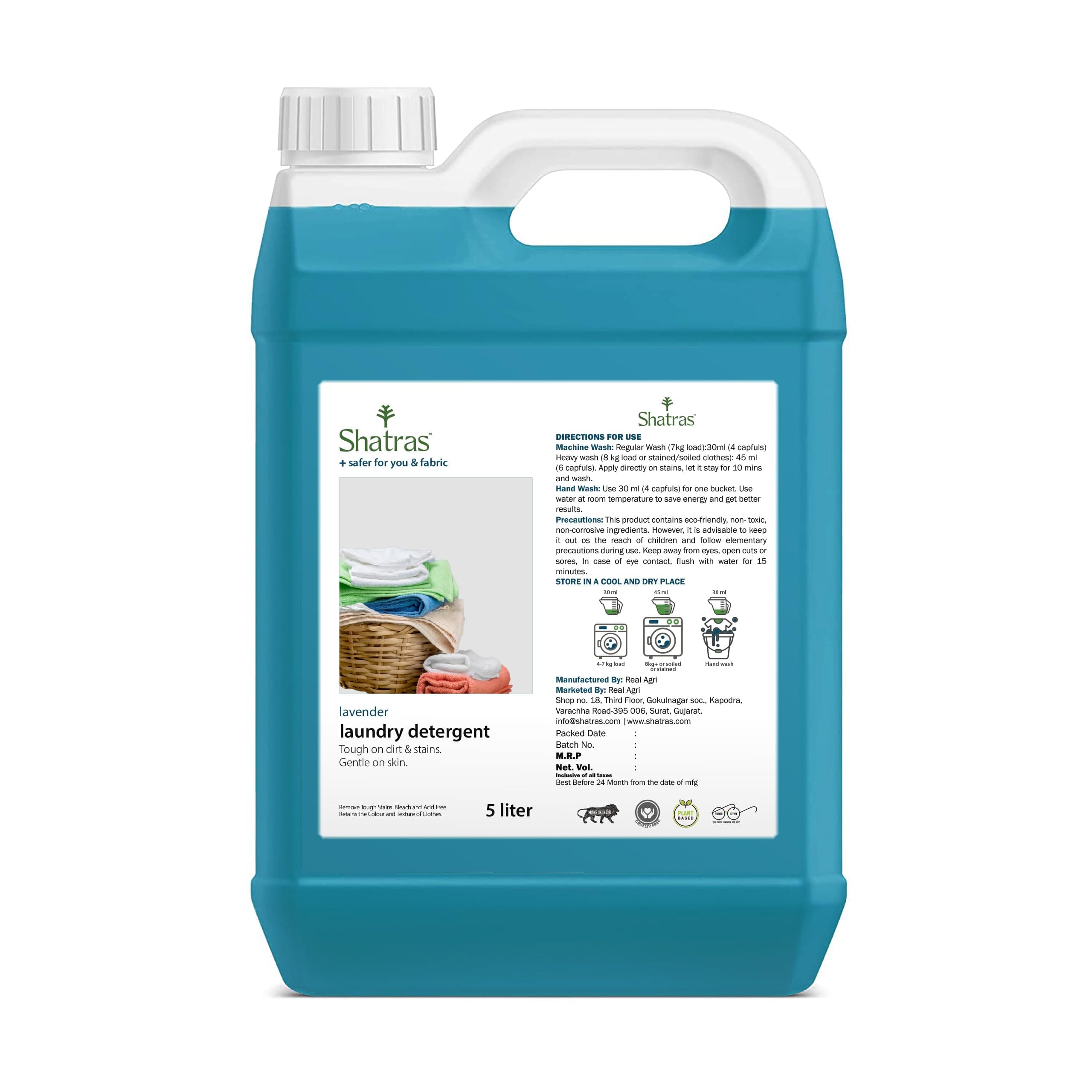 Shatras Liquid Detergent, Suitable for top load & front load for Machine and Hand Wash, Eco friendly, Natural liquid for all type of clothes(5L)