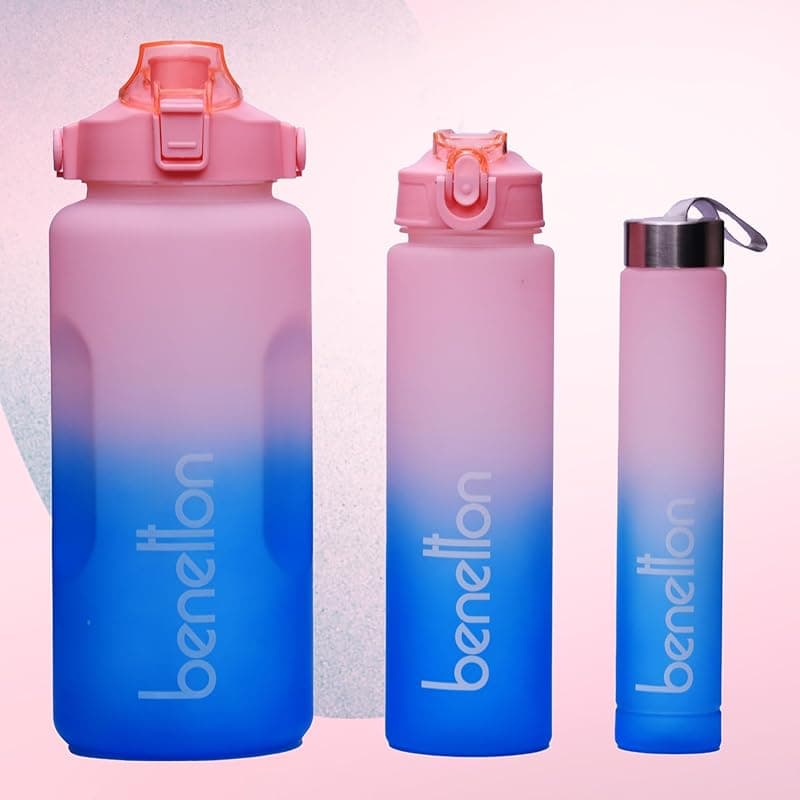 United Colors of Benetton 3-in-1 Water Bottle Set, 2000ML + 750 ML + 300 ML Assorted Bottles, Leakproof Reusable Drinking Bottles with Multi-Lid Options, Durable Sports/Gym/Travel Bottle