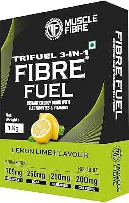 Muscle Fibre TriFuel 3-IN-1 Isotonic Powder | Instant Energy Drink for Workout | Electrolyte Replacements Energy Supplement with added BCAA &amp; L Glutamine - Refreshing Post Workout and Recovery Electrolyte Enhanced Drink - Hydration Powder, Sports Recovery Rehydration [1Kg, Lemon]
