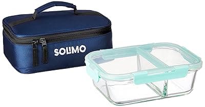 Amazon Brand - Solimo Microwave Safe Two Compartment Lunch Box Set for Office with Bag | Borosilicate Glass | Safety Lock Airtight Tiffin Containers (540 ml) | Transparent | Slim Design