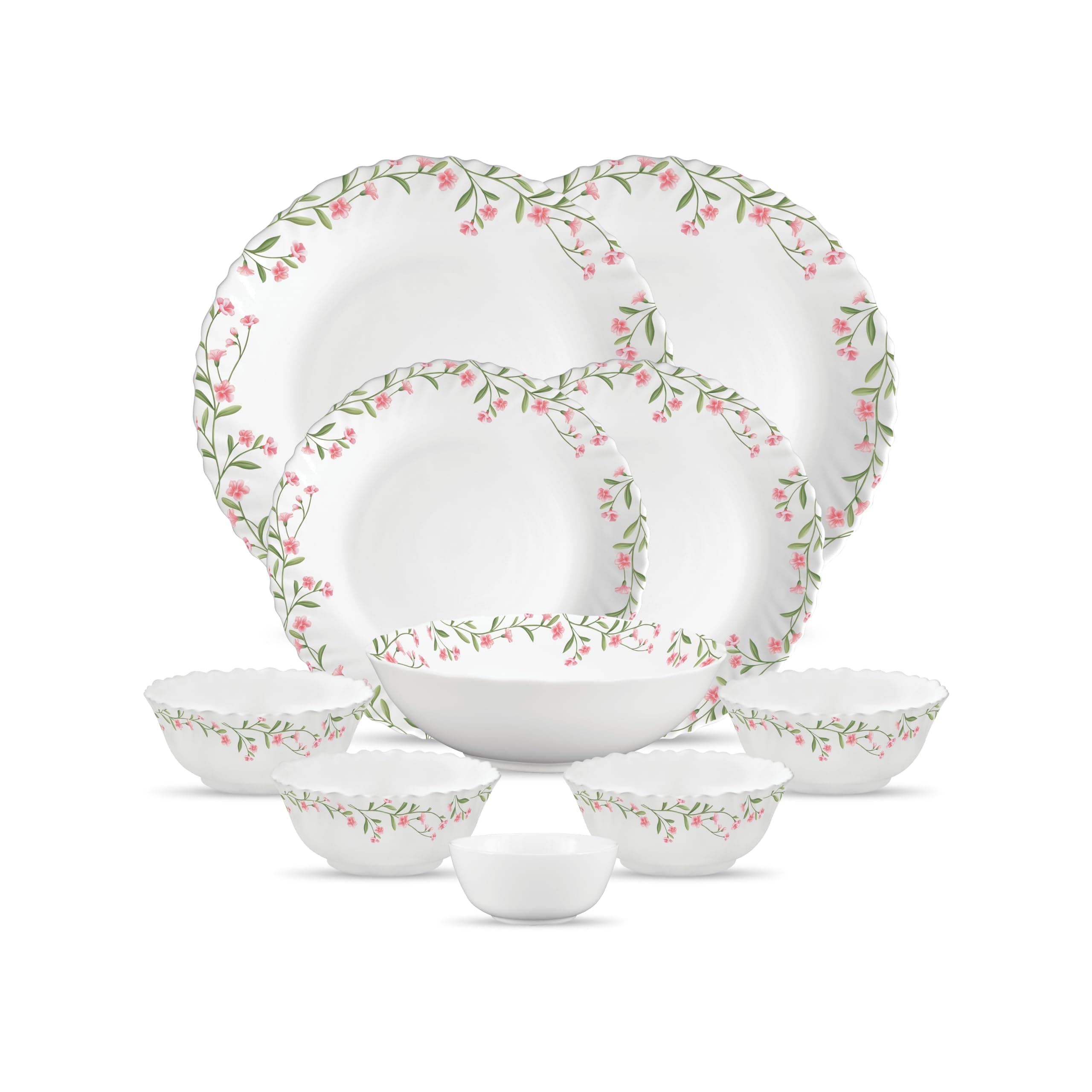 La Opala Opal Glass Crockery | for Family of 2 | Dinner Set 10 pcs Spring Meadows | Plates & Bowls for Dining | Microwave Safe | 100% Vegetarian | Extra Strong | Extra Light & White