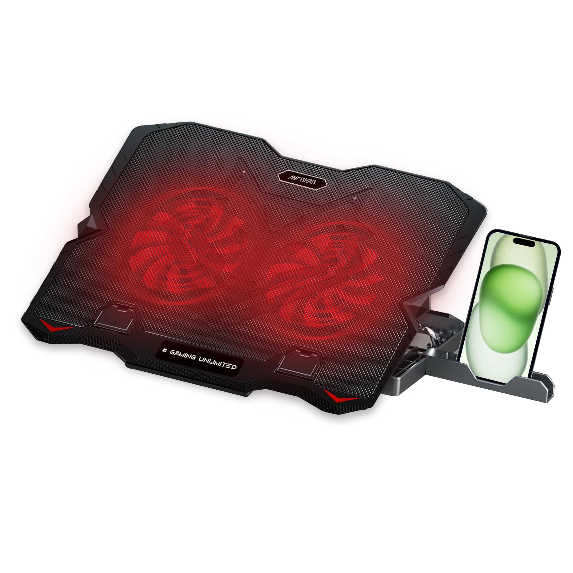 Ant Esports NC150 Ultra Slim and Sturdy Portable Laptop Cooling Pad with 2 * 1 125mm Red LED Fan, Anti Skid 5 Height Adjustable Stand, 2 USB Ports with Phone Holder- Supports 10-15.6 Inch Laptop