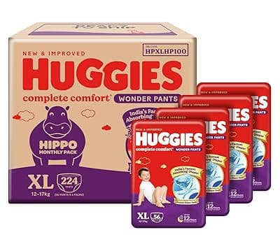 Huggies Complete Comfort Wonder Pants | Pant Style Baby Diapers Extra Large Size, 224 Count | India's Fastest Absorbing diaper, Clinically Proven to Prevent Diaper Rash | Ideal for 12 to 17 Kgs (56 count, Pack of 4)