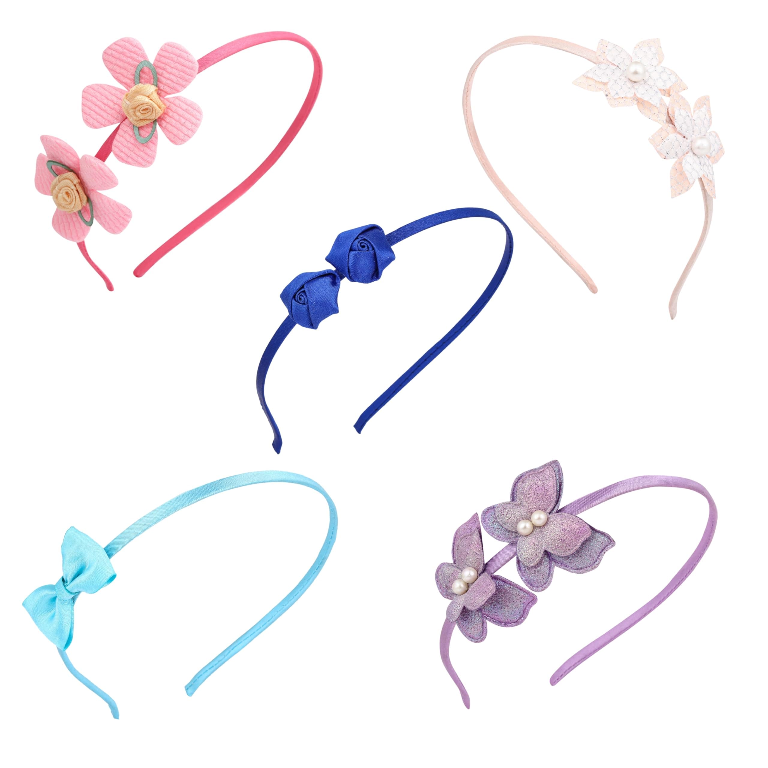 ANVIK (5pcs) Cute Stylish Fancy Satin Hairband Headband Head Band for Kids Girls/ Floral,Butterfly ,Bow lightweight comfortable Hair Accessories for Girls 3 to 12 years/ Hair Band for Parties/ Festival/Wedding/school/Birthday Gift for Girls