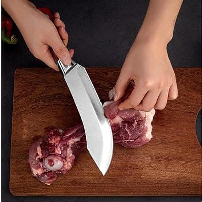 Butcher Knife with Curved Blade and Wooden Handle, Kitchen Cutting Knife for Meat and Vegetables