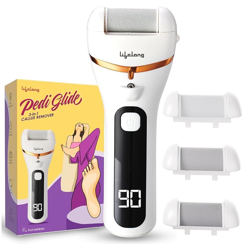 Lifelong PediGlide 3-in-1 Callus Remover | Electronic Foot Scrubber for Dead Skin | 3 Changeable Roller Heads | 3 Speed Settings | Focus Light | Crack Heel Repair Pedicure Machine | IPX6 Waterproof