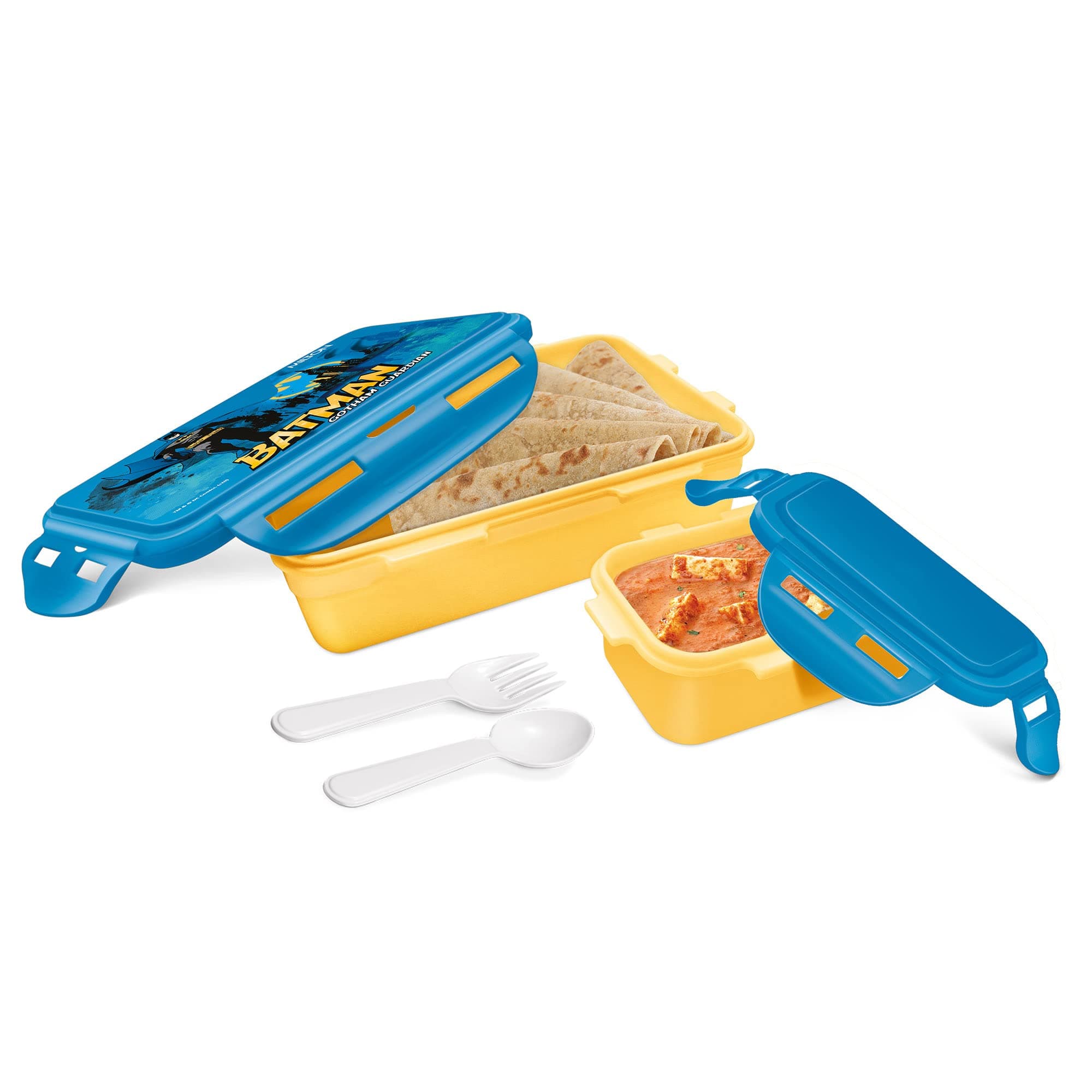 MILTON Mini Fun Treat Lunch Box, Plastic Tiffin 650 ml and Small Container 125 ml with Plastic Spoons, Super Hero School Kids Lunchbox, Leak Proof, Dark Yellow