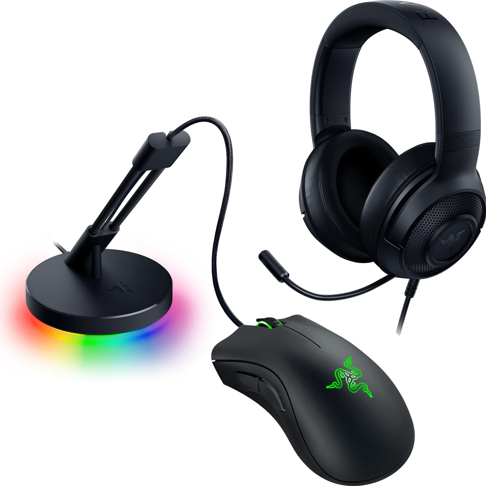 Razer Game On Bundle Gaming Combo with DeathAdder Essential Wired Mouse, Kraken X Lite Lightweight Gaming Headset, Mouse Bungee V3 Chroma, 6400 DPI Optical Sensor, 40mm Drivers, Black - NASA Packaging