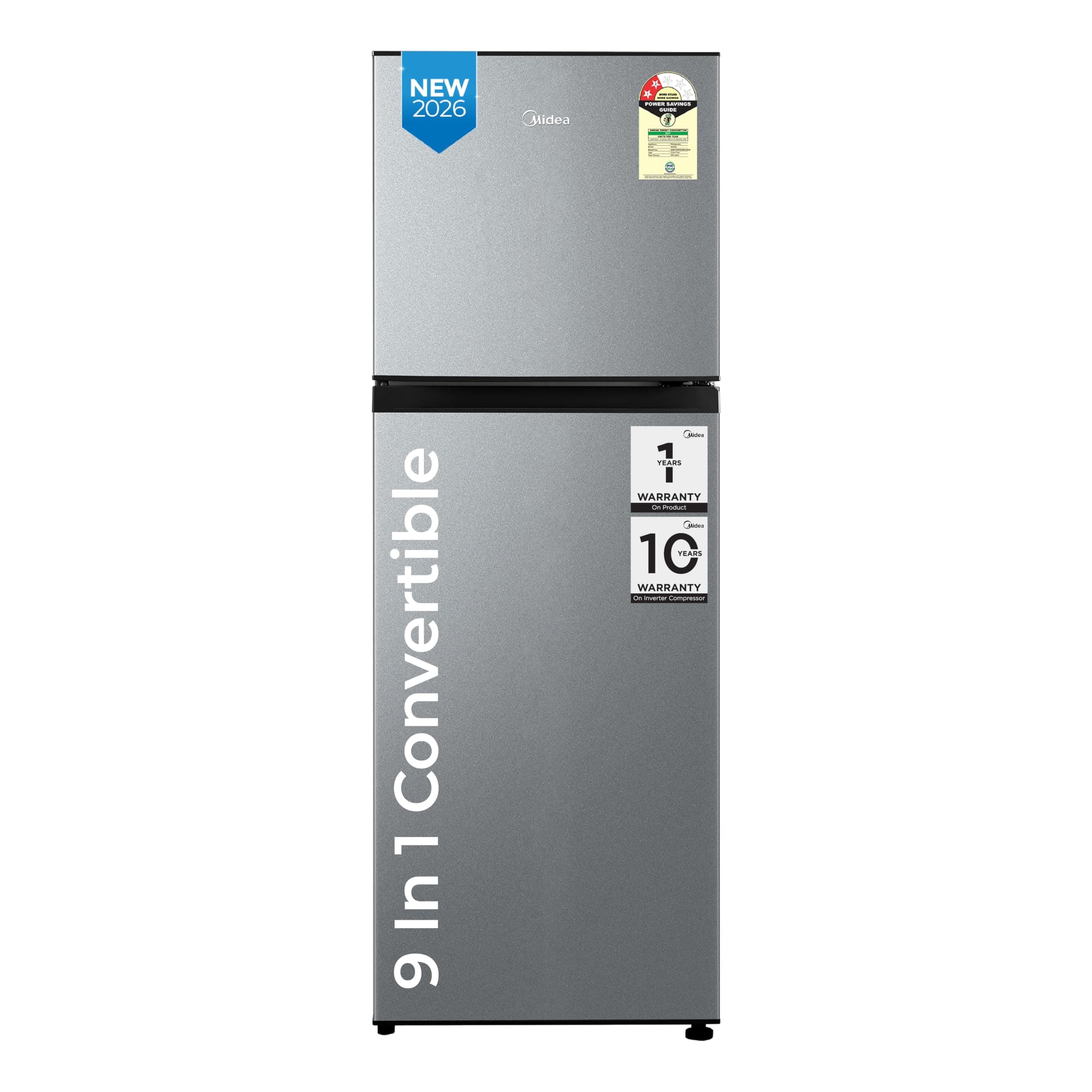 Midea 233L 2 Star Convertible 9-In-1 Inverter Compressor Frost Free Double Door Refrigerator with Multi Air Flow, Smart⁺ Cooling (MDRT359FGI50IN1, Active C Fresh Deodorizer, Crystal Silver, New 2026)