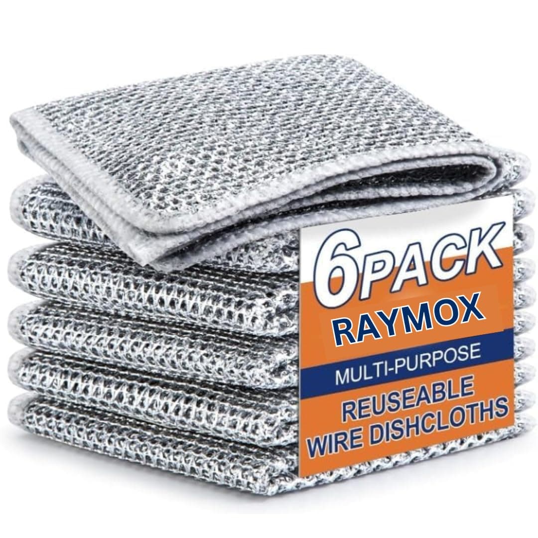 RAYMOX Non-Scratch Dish Wash Cloth (Pack of 6), Steel Wire Dish Cloth, Wire Dishwashing Rags for Wet and Dry Stainless Steel Scrubber Non-Scratch Wire Dishcloth for Washing Dishes Sinks Counters (6)