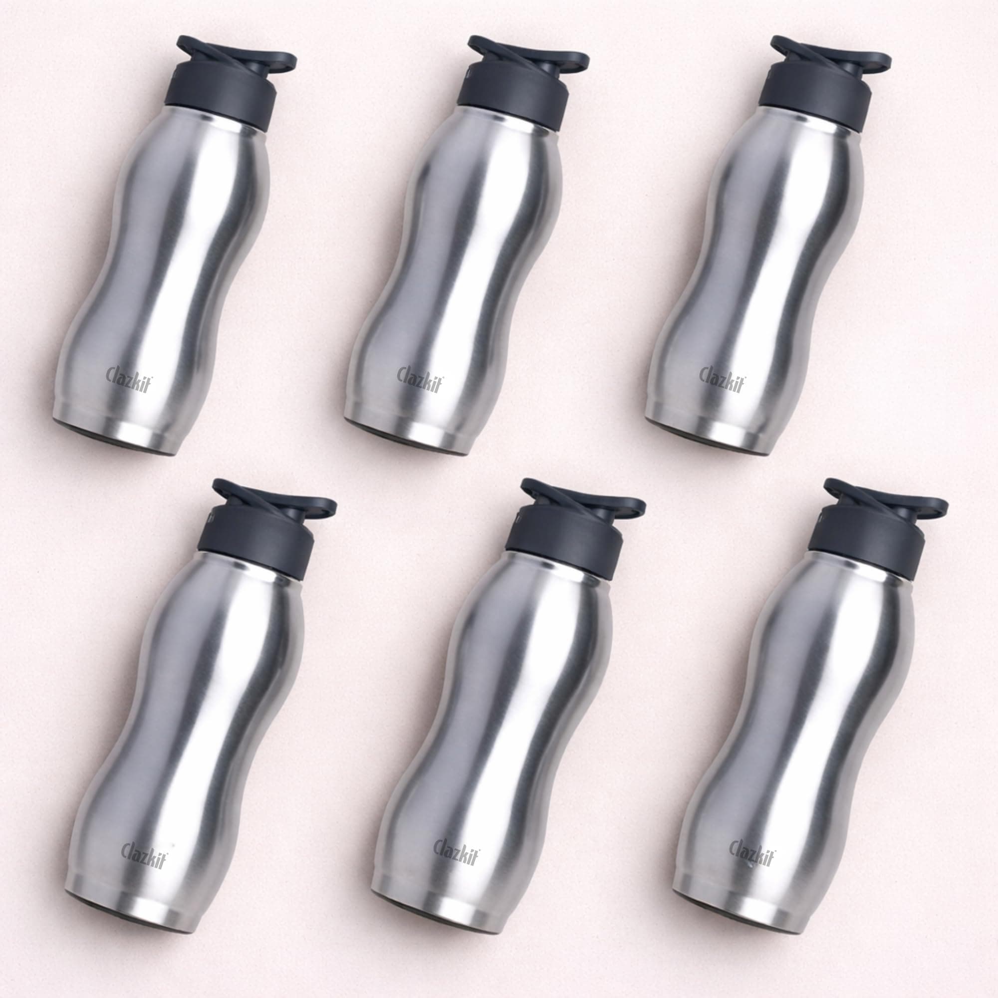 Clazkit Platina 750ml Sporty Stainless Steel Water Bottle Set of 6 |ISI Certified |Leakproof, Rust-Free, BPA-Free, Durable for College, Fridge, Sports, Gym, Yoga & Office – Easy to Clean & Reusable