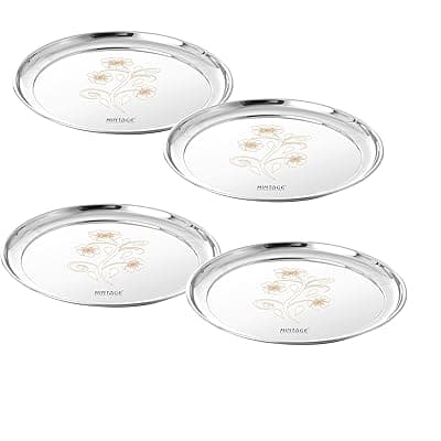 Mintage Stainless Steel Rajbhog Round Plate/Thali Pearl High Gloss Mirror Finish-Laser (Set of 4) No.12 35+Years of Innovation and Quality