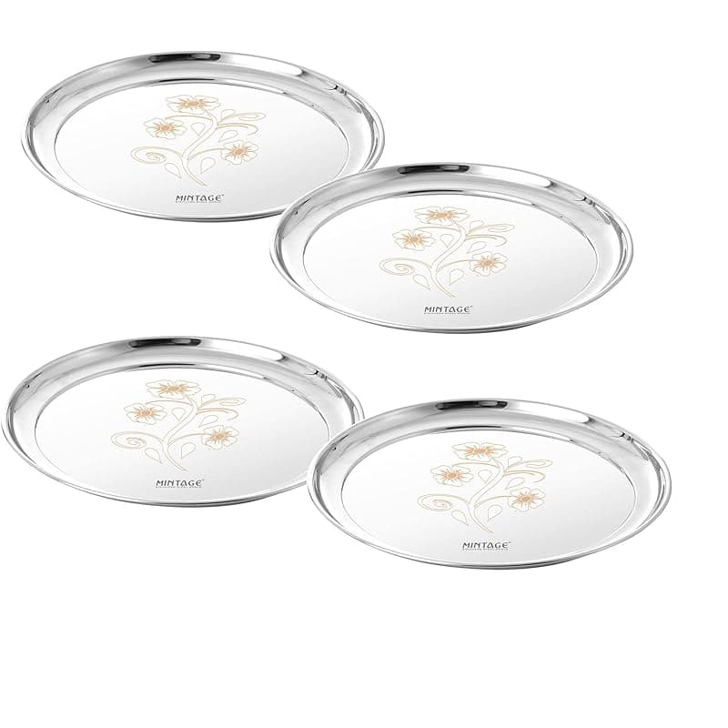 Mintage Stainless Steel Rajbhog Round Plate/Thali Pearl High Gloss Mirror Finish-Laser (Set of 4) No.12 35+Years of Innovation and Quality