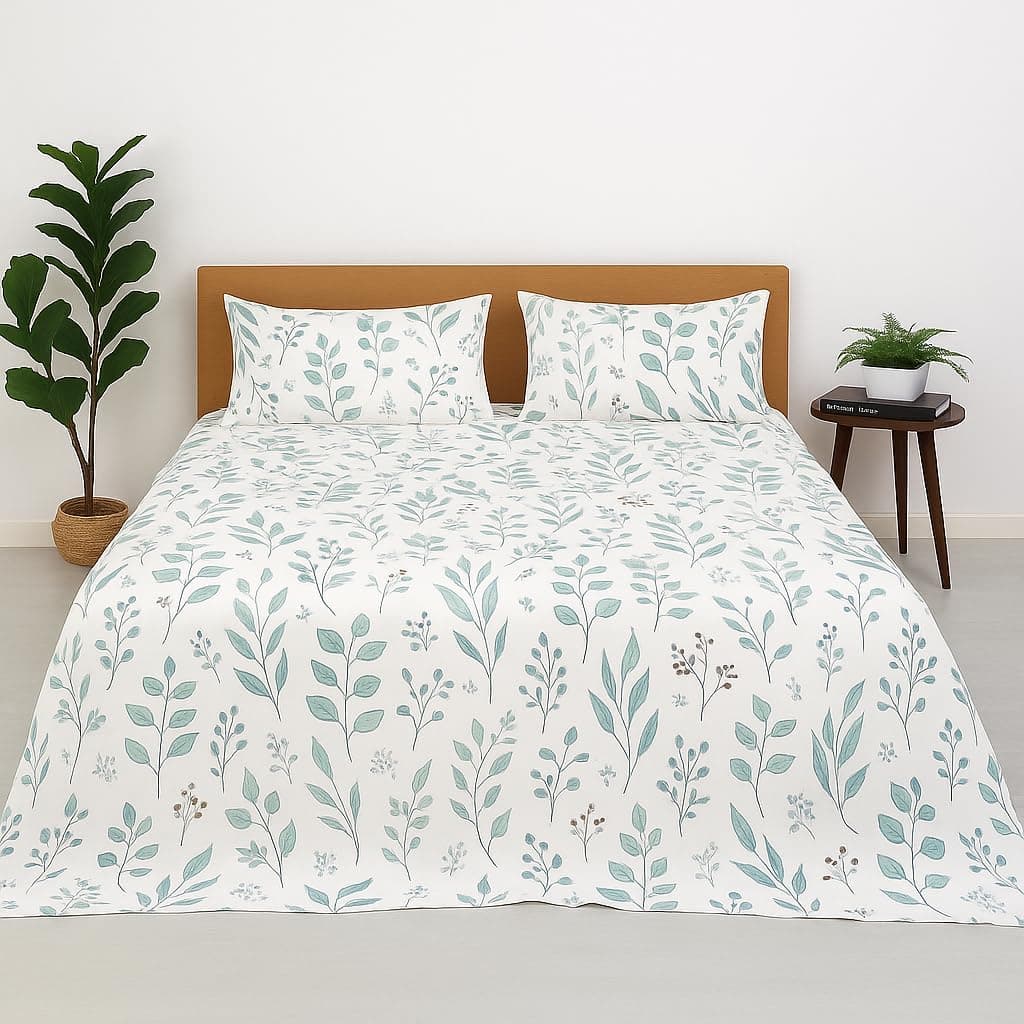 Bhoomi Impex Double Bed Bedsheet – Tranquil Green Petals Print – 90 x 100 Inches – Ultra Soft & Wrinkle-Free Microfiber Flat Sheet with 2 Pillow Covers – Breathable & Skin-Friendly