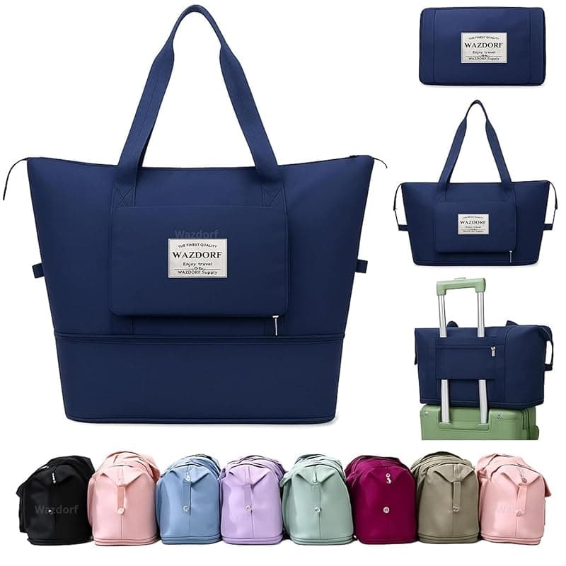 Wazdorf Nylon 41 Liter Expandable Travel Bags for Women, Duffle Bags for Women Luggage, Foldable Vanity Traveling Bag, Waterproof Hand Bag for Ladies Personal Items (Blue)