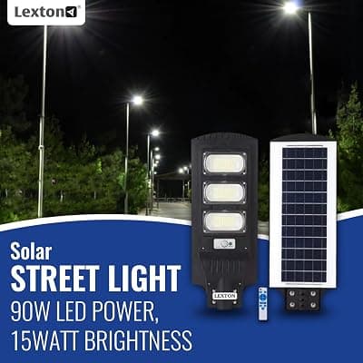 Lexton Solar Street Light 90w Led Power, 15watt Brightness, Solar Powered ABS Plastic - Automatic Operations with Motion Sensor and IP65 Waterproof for Outdoor Use - Black (90Watt, Pack of 1)