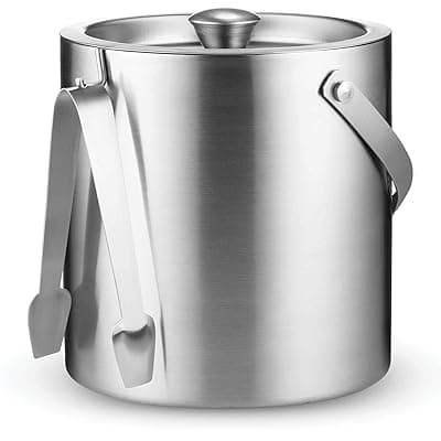 Double-Wall Stainless Steel Insulated Ice Bucket With Lid and Ice Tong [3 Liter] Included Strainer Keeps Ice Cold & Dry, comfortable Carry Handle, Great for Home Bar, Chilling Beer, Champagne and wine