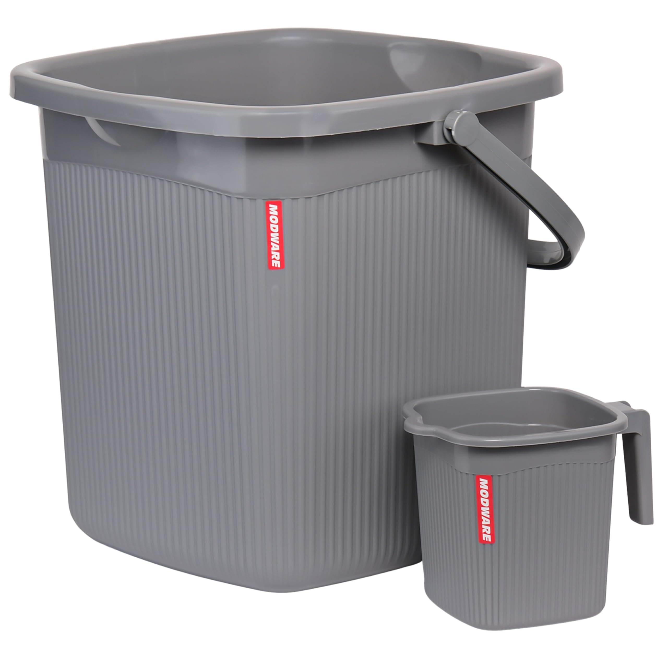 Modware Square Ribbon Plastic Bucket Set with Mug | 20 L Bathroom Bucket with Handle + 1L Mug | Heavy-Duty Polypropylene + Co-Polymer | Stylish & Durable Bath Set (Grey)