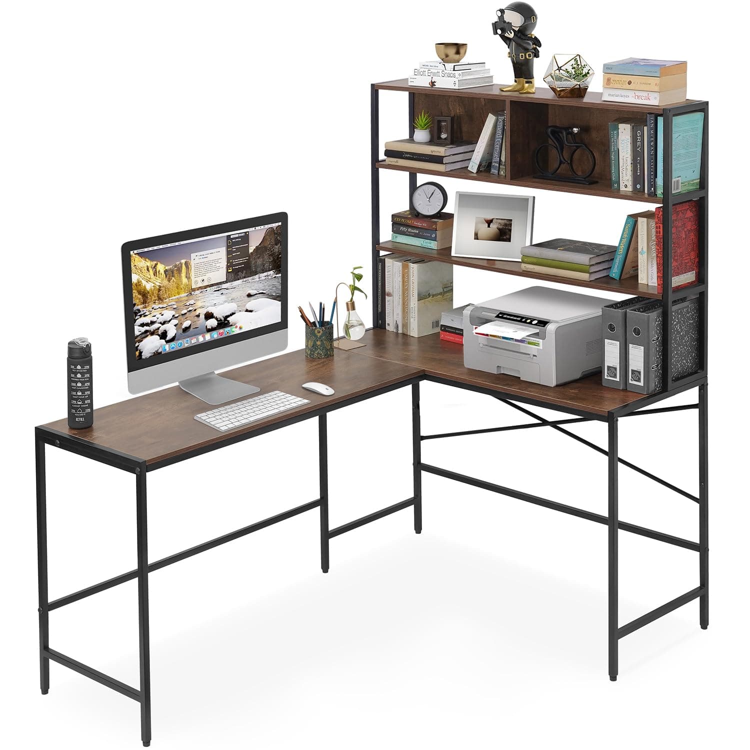 ABOUT SPACE 3 Tier L-Shaped Unique Computer Table with Desktop, Hutch Tower Storage Display Modern Shelf for PC, Laptop, Study & Writing Open Bookshelf [Brown - L 151.7 x B 113.5 x H 157 cm]