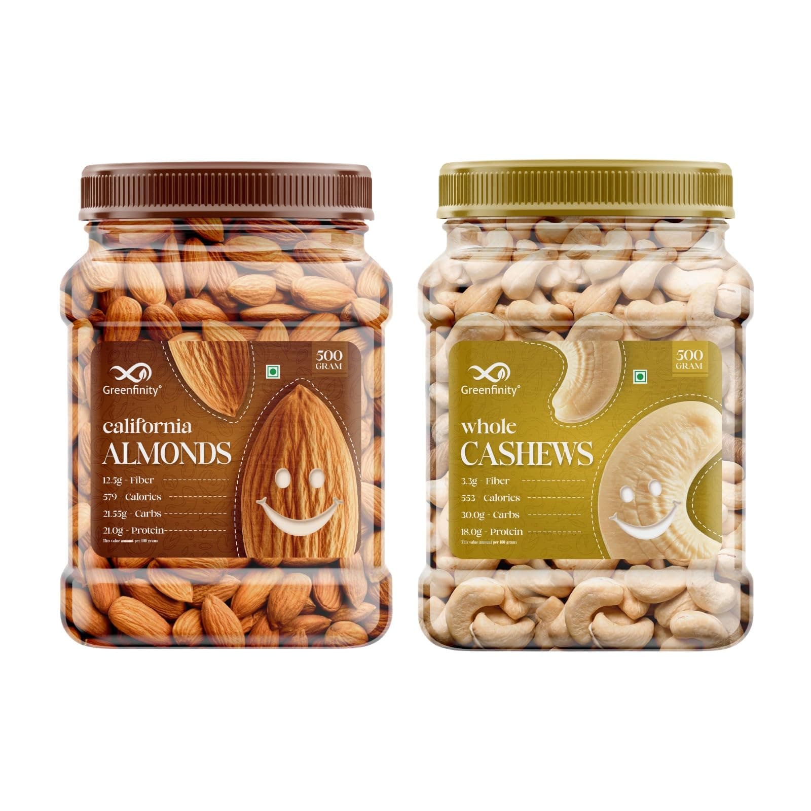 GreenFinity Premium Almonds & Cashews Combo – 500g Each (1kg Total) | Crunchy Whole Nuts in Reusable Jar | Protein-Rich Healthy Snack | No Preservatives | Vegan & Gluten-Free