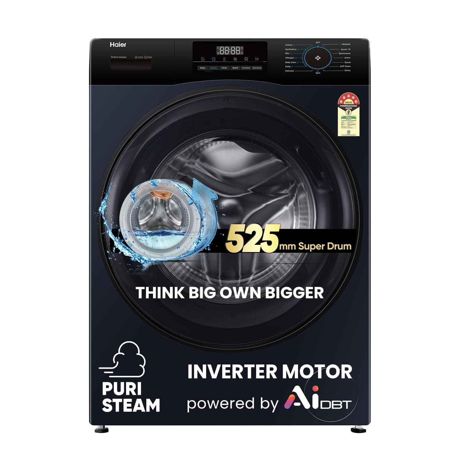 Haier 8 Kg AI Smart Wash (AI-DBT), PuriSteam, 525mm Super Drum Fully Automatic Front Load Washing Machine with In-Built Heater, Black (EFL80-IM12IBIEBK)