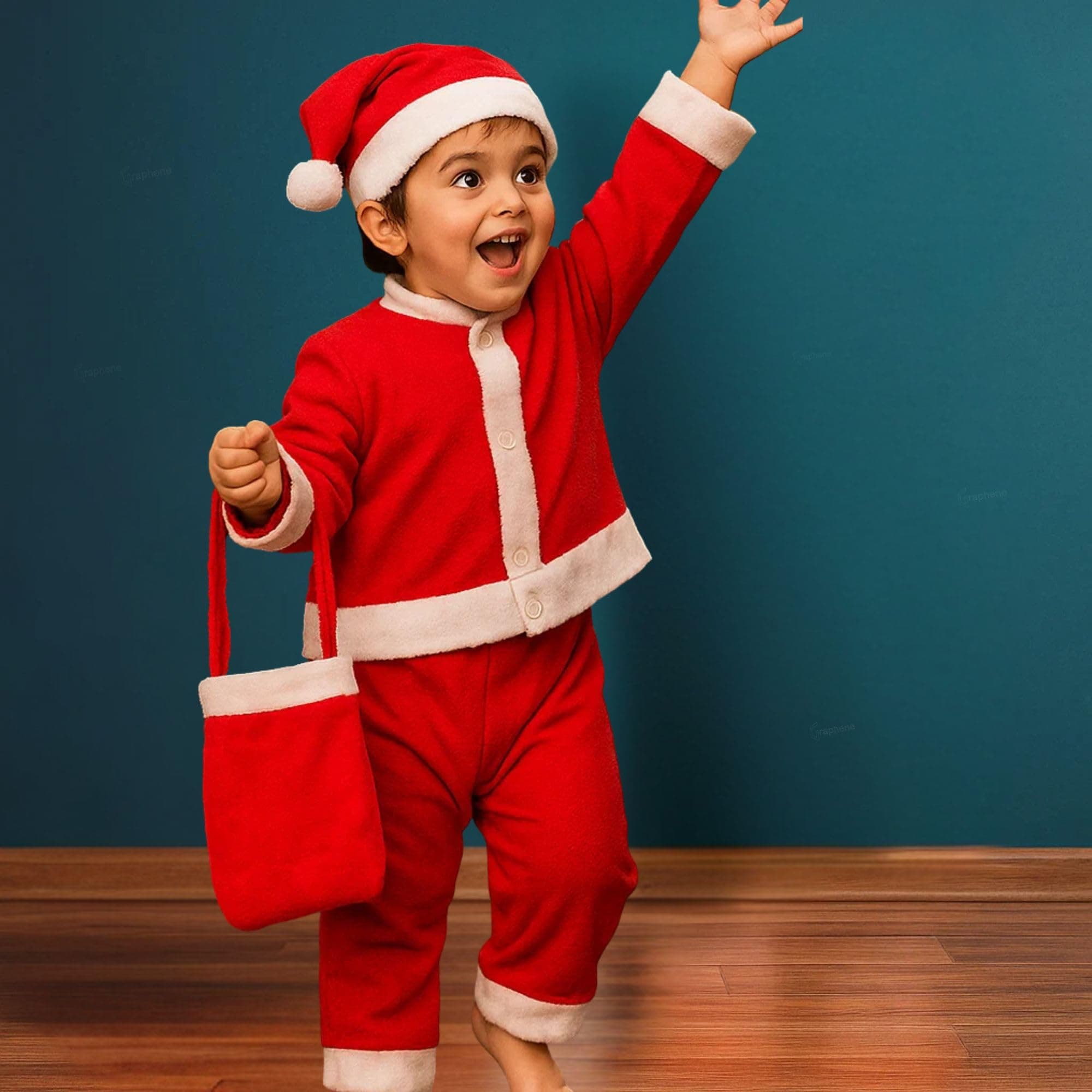 GRAPHENE Santa Claus Dress For Kids Costume Christmas Outfit With Jacket Lower Cap Pouch Red & White Santa Christmas Party Fancy Dress For Boys And Girls Playgroup Pack Of 1 (Size -2,1-2 Years)