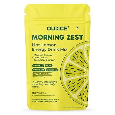 Ounce Hot Lemon Energy Drink Mix (10 Cups) | Sugar Free Energy Drink Powder with Caffeine, L-Theanine, Inulin, Vitamin C & B12 for Focus & Calm Energy | Lemon Tea Flavour Wellness Drink | 20g