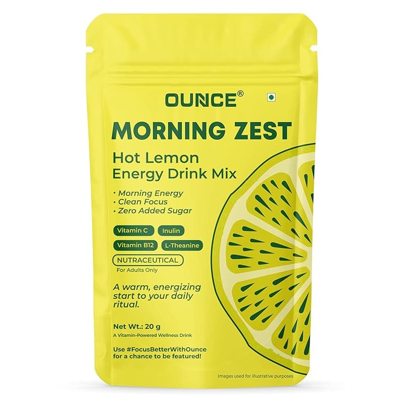 Ounce Hot Lemon Energy Drink Mix (10 Cups) | Sugar Free Energy Drink Powder with Caffeine, L-Theanine, Inulin, Vitamin C & B12 for Focus & Calm Energy | Lemon Tea Flavour Wellness Drink | 20g