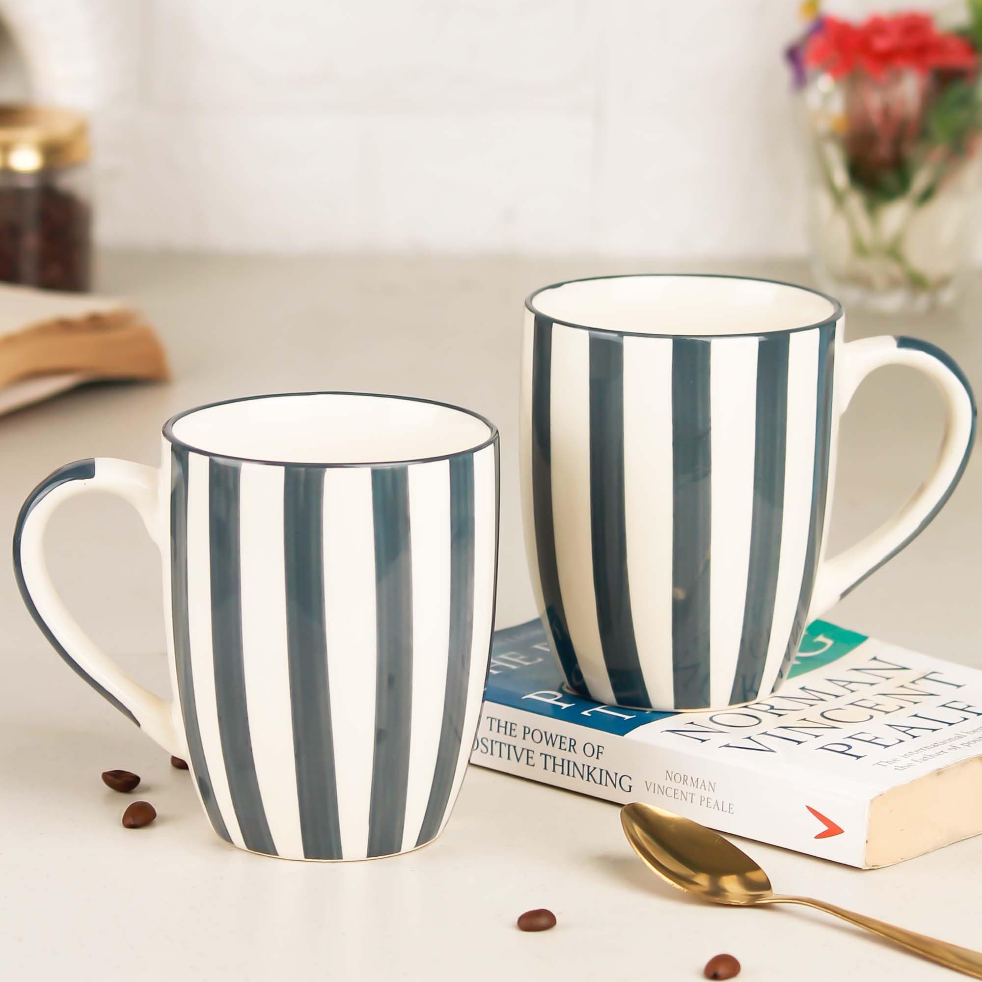 The Earth Store Grey Stripe Coffee Mug - 420ml Each Capacity, Microwave and Dishwasher Safe, Ceramic Coffee Mugs Set of 2 for Every Occasion