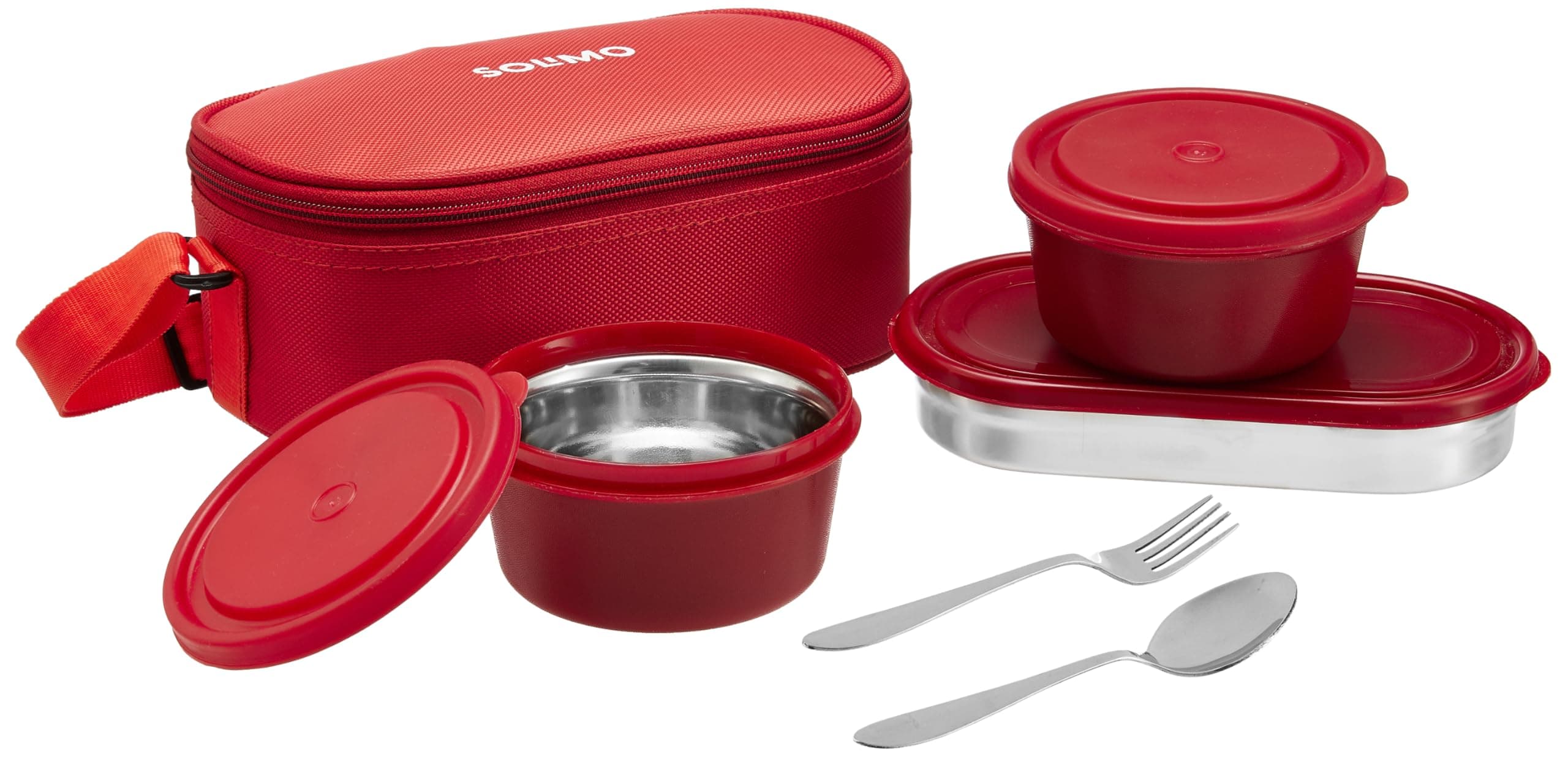 Amazon Brand - Solimo Lunch Box Set with Bag (Office, School & Travel) | 2 Round (400ml Each) & 1 Oval 600ml Steel Inner Containers with Cutlery | Microwave Safe | Leakproof - Red
