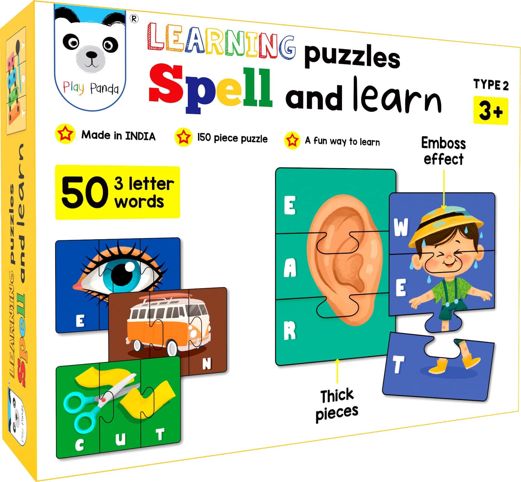 Play Panda Spell & Learn Type 2 – 150 Piece Spelling Puzzle - Learn to Spell 50 Three Letter Words - Beautiful Colourful Pictures (Age 3+)