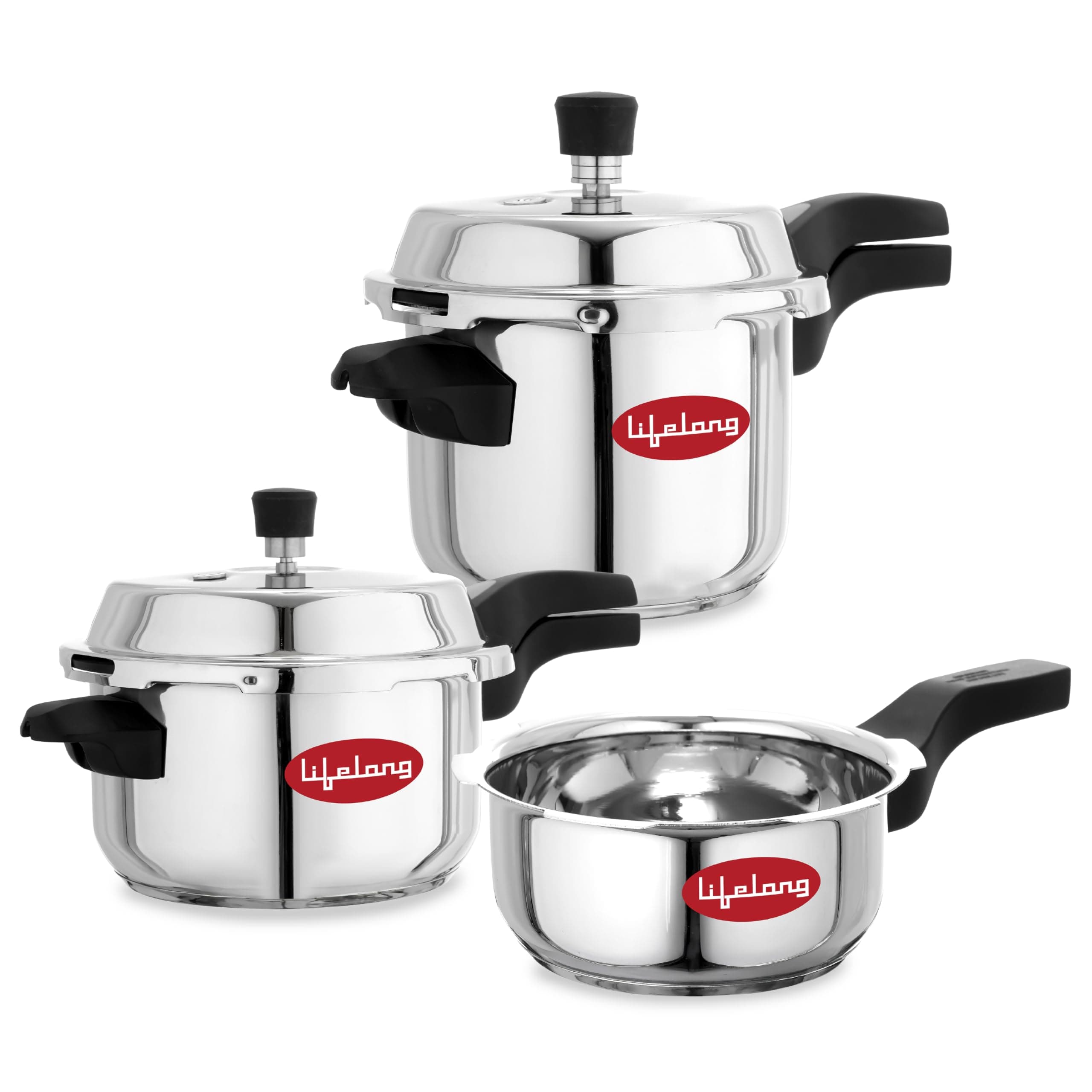 Lifelong Stainless Steel Pressure Cooker | Set of 3 | 2L, 3L & 5L | Induction & Gas Stove Compatible with Outer Lid, ISI Certified & Lock System |Safe & Durable Kitchen Essential with 5 Years Warranty
