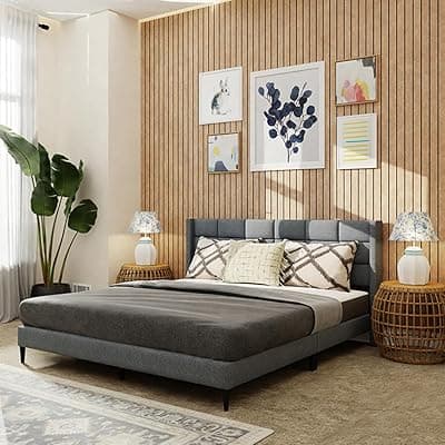 Royaloak Willow Upholstered Queen Bed | Solid Wood | Upholstered Headboard | Linen Fabric | Modern Design | Strong & Durable