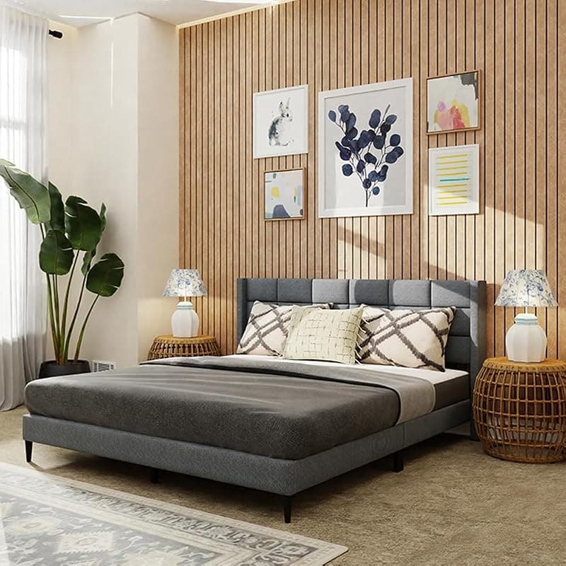 Royaloak Willow Upholstered Queen Bed | Solid Wood | Upholstered Headboard | Linen Fabric | Modern Design | Strong & Durable