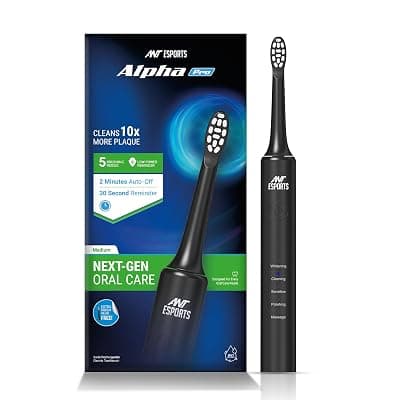 Ant Esports Alpha Pro Sonic Electric Toothbrush with 2 Brush Heads, Sonic Toothbrushes 40,000 VPM, 5 modes - 𝐖𝐡𝐢𝐭𝐞𝐧𝐢𝐧𝐠, 𝐂𝐥𝐞𝐚𝐧𝐢𝐧𝐠, S𝐞𝐧𝐬𝐢𝐭𝐢𝐯𝐞, P𝐨𝐥𝐢𝐬𝐡𝐢𝐧𝐠, M𝐚𝐬𝐬𝐚𝐠𝐞, IPX7, Ergonomic Designs, Fast Charge 4hours last up to 30days, Smart Travel Power Toothbrush for Adult Men &amp; Women – Black