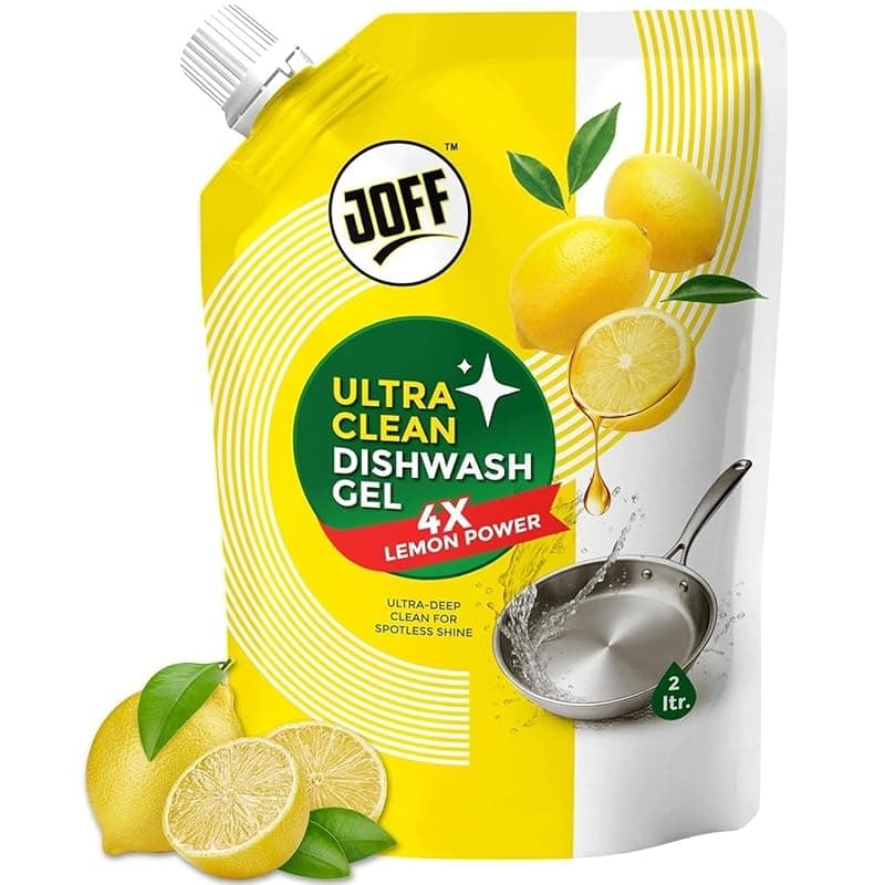 Joff Dishwash Liquid Gel 2 Litre Refill Pouch | Lemon Citrus Formula | Removes Tough Grease &amp; Oil | Leaves No Residue | Concentrated Dish Cleaning Soap | Large Refill Pack