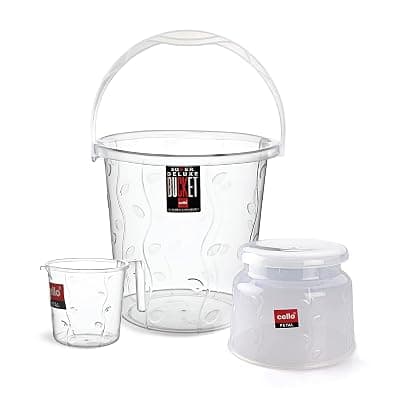 Cello Petal Bathroom Accessory Combo Set of 3, Transparent (20L Bucket, 1.5L Mug &amp; 23cm Tall Stool) | Durable, Stylish &amp; Modern Design | Plastic Bath Combo Set for Modular Bathroom