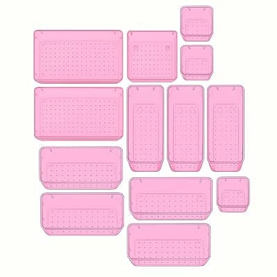 Sulfar 13pcs Bathroom Drawer Tray Dividers Plastic Vanity Organizers Storage Bins for Makeup Dresser Tray (3S+4M+3L+1B+2XL) Pink