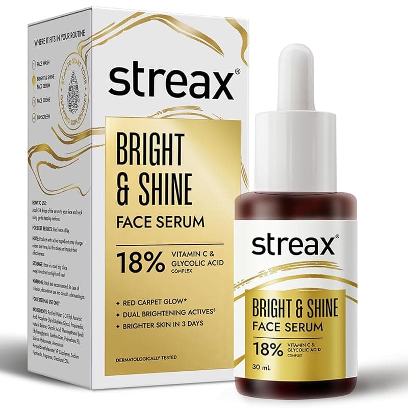 Streax Vitamin C Face Serum, 30 ml | 10% Vitamin C | Dark Spots Reduction | Brighter Skin in 3 Days | Serum for Glowing Skin | Brightening serum | Bright &amp; Shine Face Serum
