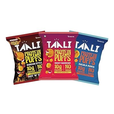 Taali Roasted Protein Puffs Combo | Korean Style, Masala Mania, Smoky Barbeque | No Palm Oil, 60g (Pack of 3)