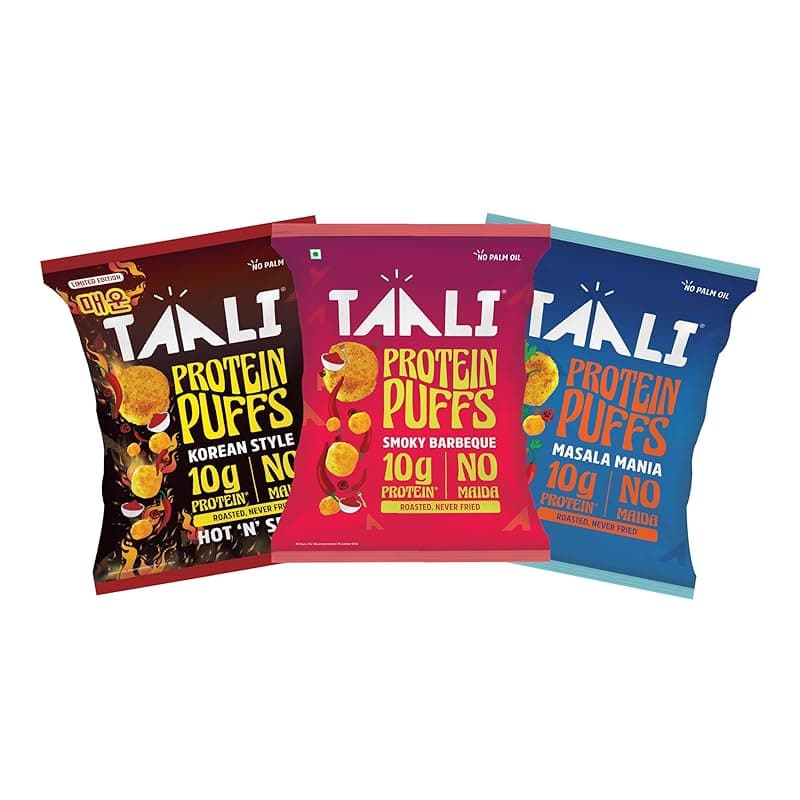 Taali Roasted Protein Puffs Combo | Korean Style, Masala Mania, Smoky Barbeque | No Palm Oil, 60g (Pack of 3)