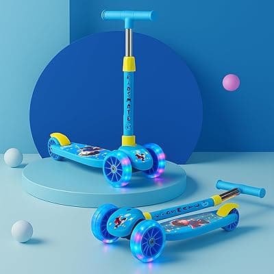 Kidsmate Rider Pro Kick Scooter with Broad PU LED Wheels | 3-Wheel Skating Scooter for Boys &amp; Girls of Ages 2-12 Years | Level Adjustable Height, and Easy Fold Design (Blue)