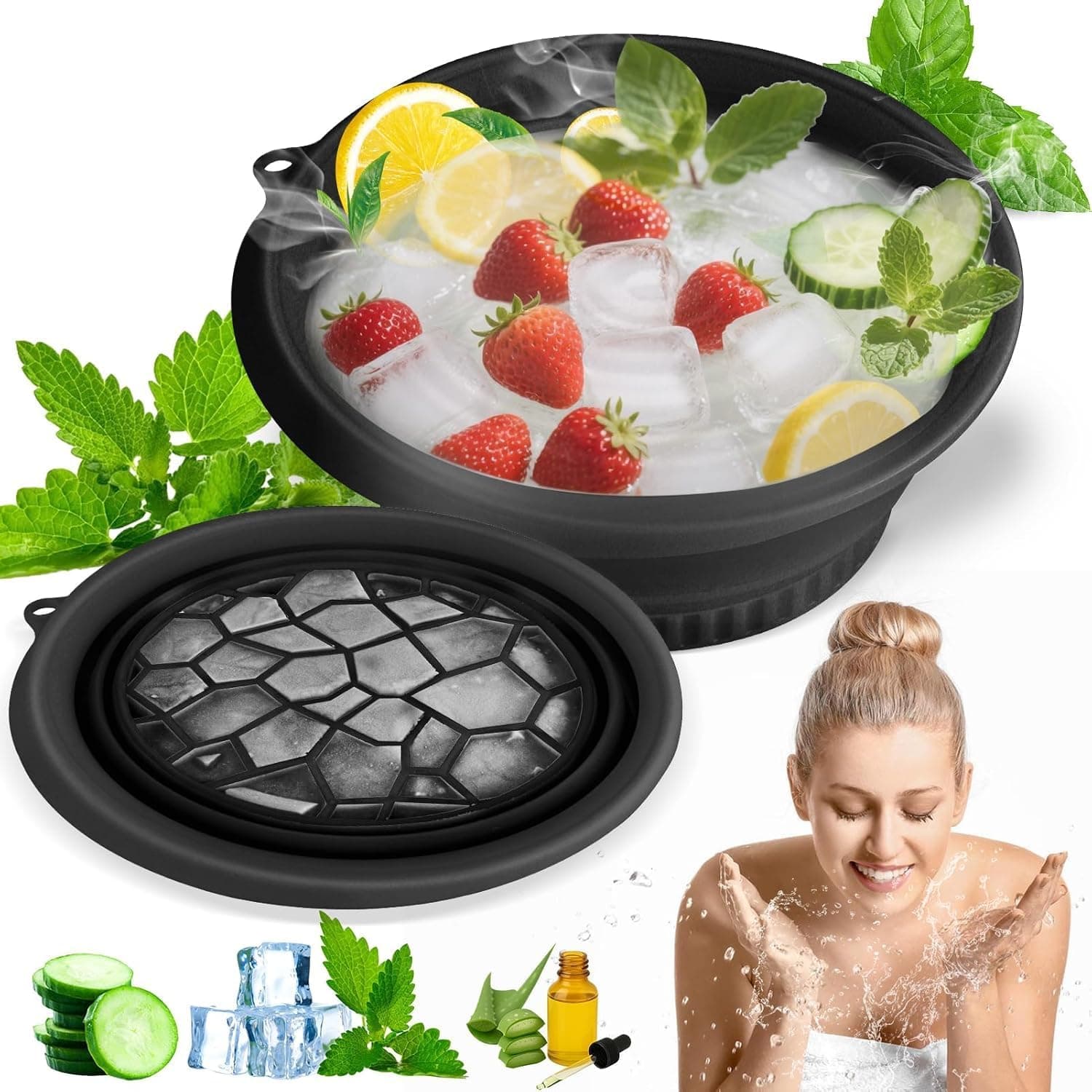 Silicone Collapsible Face Bowl with Built in Ice Tray Modern Black Round Dishwasher Safe BPA Free for Men and Women