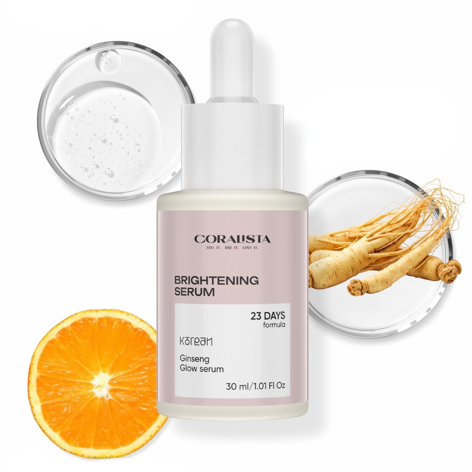 CORALISTA Korean Ginseng Brightening Serum | 23 Days Glow Formula for Glowing, Hydrated & Even-Toned Skin | Face Serum with Niacinamide & Hyaluronic Acid – 30 ml